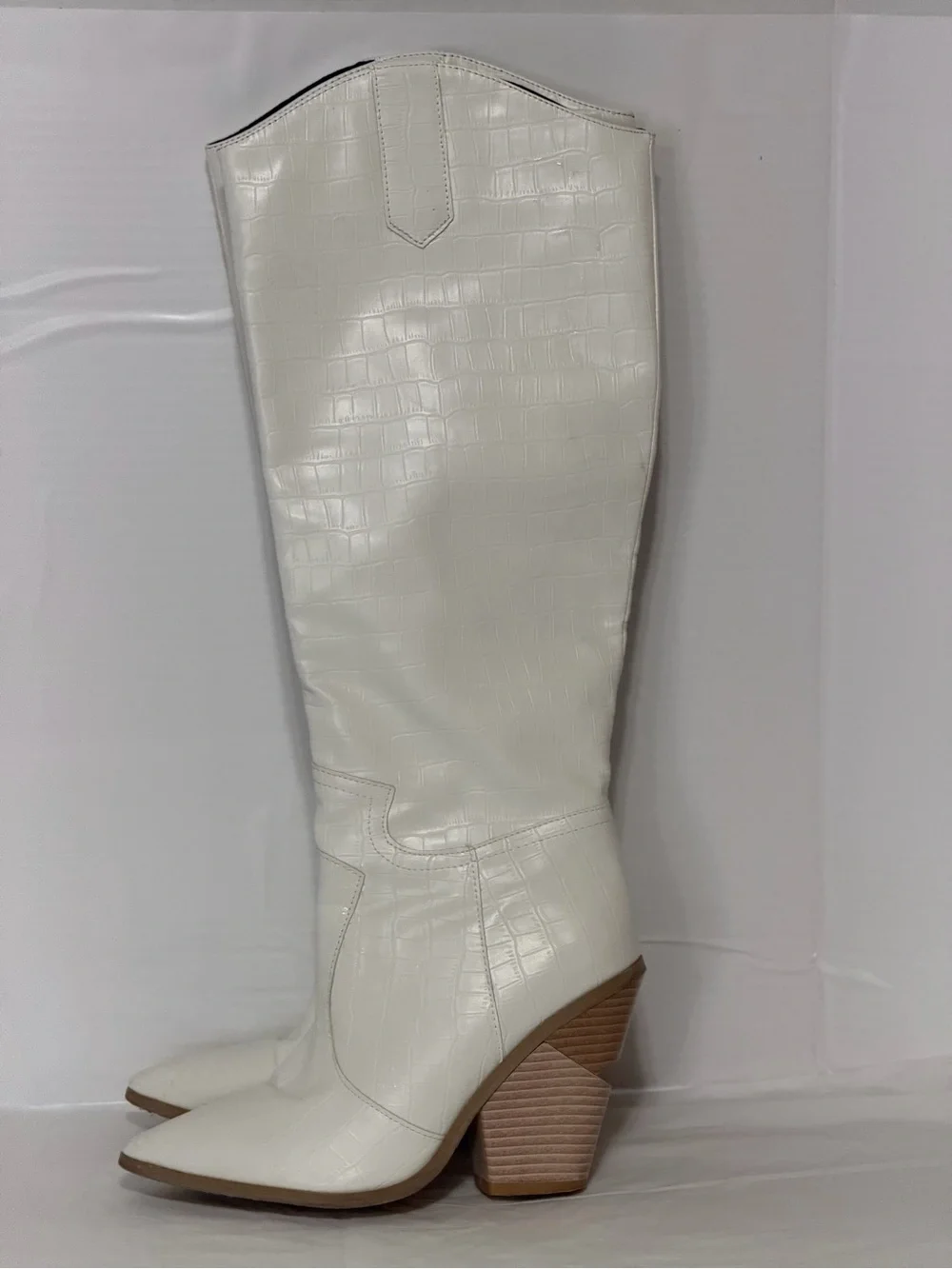 White Croc-Embossed Knee-High Western Boot with Stacked Heel